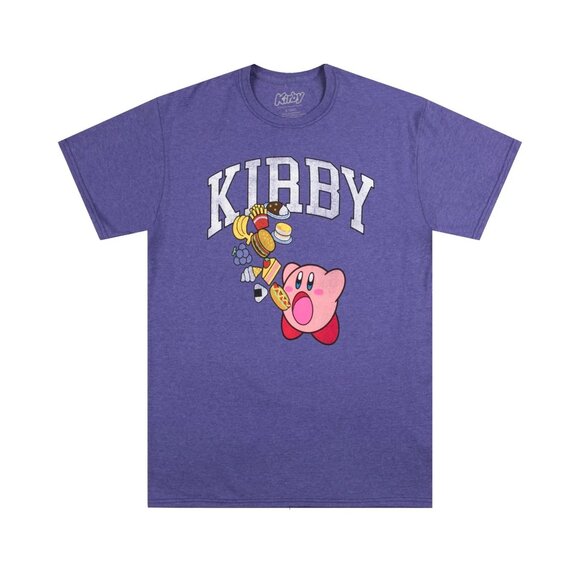Kirby Mens Graphic Purple TShirt Pink Floating Bubble Gaming Snacks Size 3XL - Picture 1 of 2